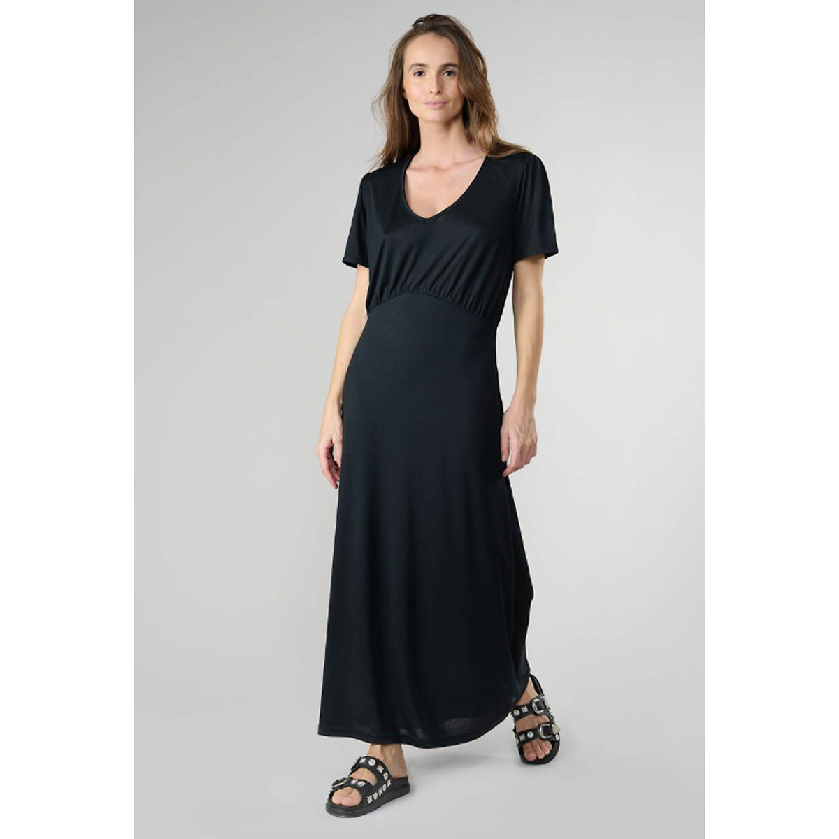 Robe midi col V noir, LE TEMPS DES CERISES