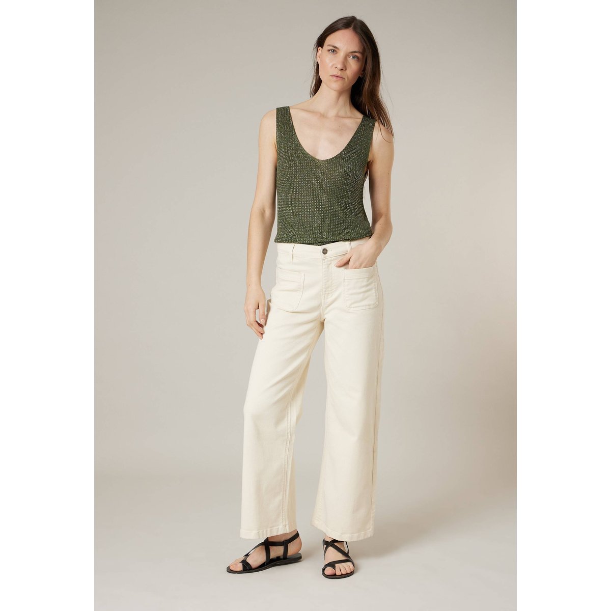 Débardeur femme en maille fantisie  SHINE khaki, DEELUXE