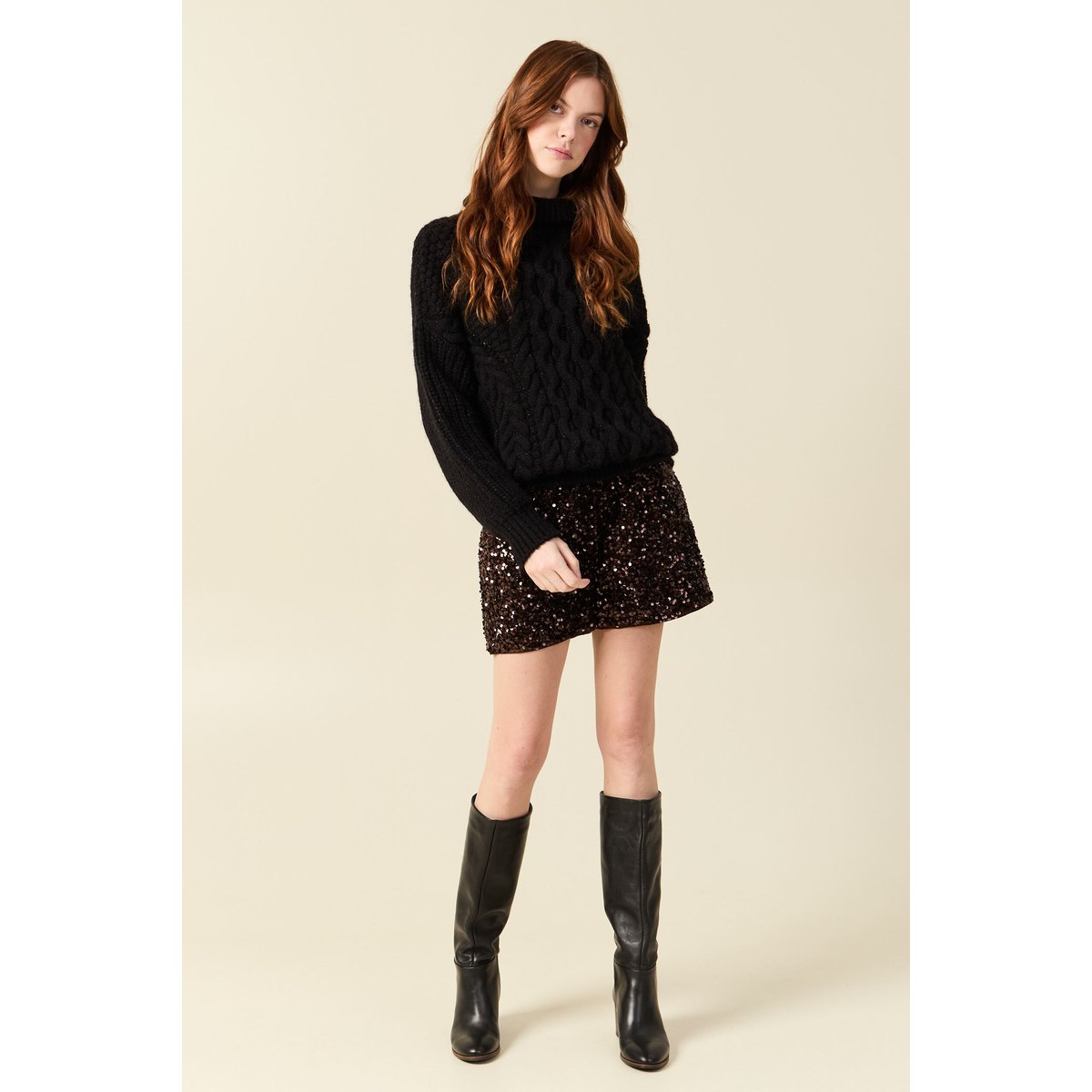 Pull manches longues col roulé brillant noir, BONOBO