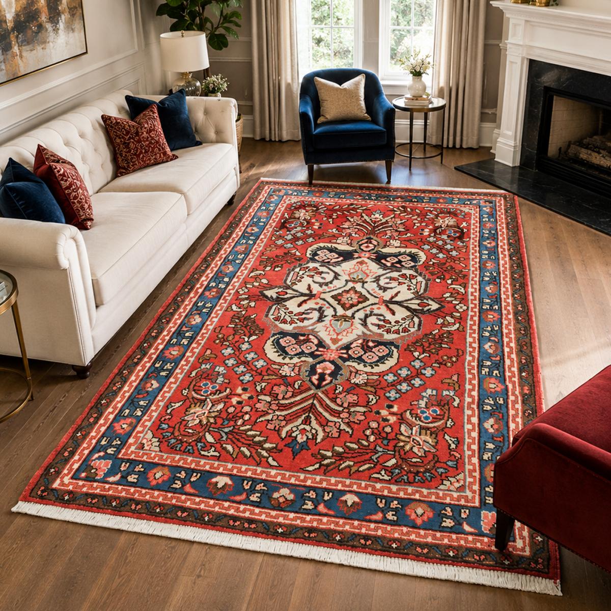 Tapis d'orient au motif oriental, noué main en laine, HAMADAN 36 rouge, bleu, crème, UN AMOUR DE TAPIS
