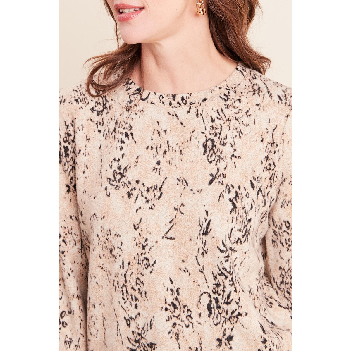 T-shirt court col rond manches longues beige, BREAL
