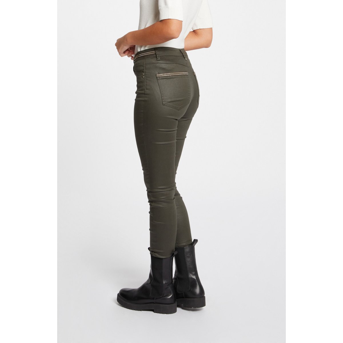 Pantalon slim enduit vert fonce, MORGAN