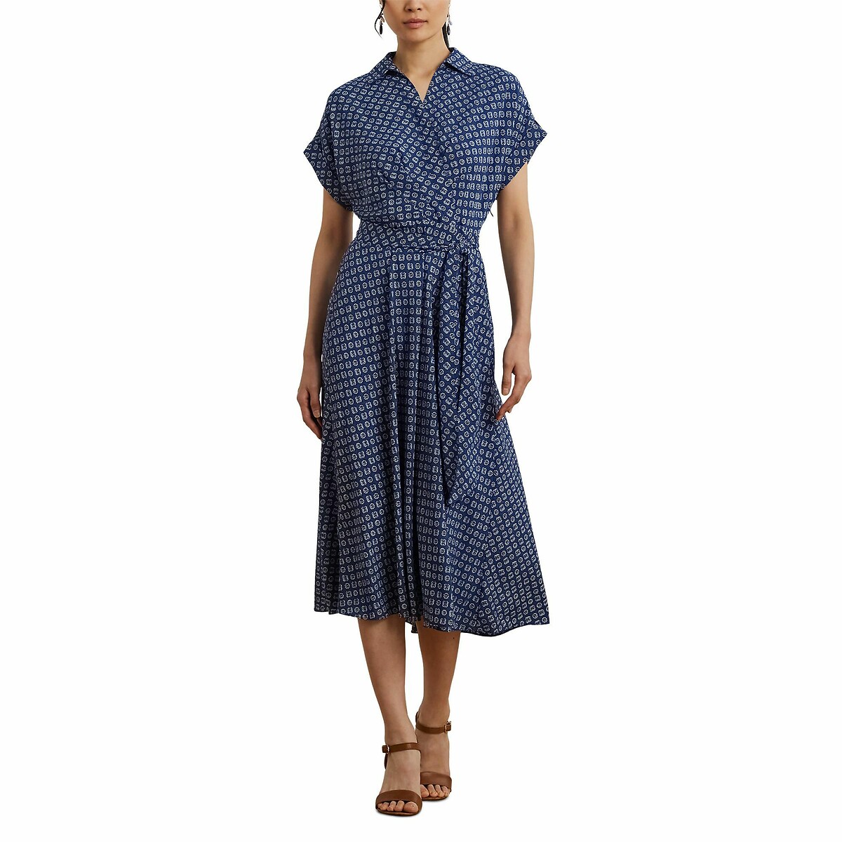 Fratillio Belted Flowing Dress with Short Sleeves blue striped/white, LAUREN RALPH LAUREN