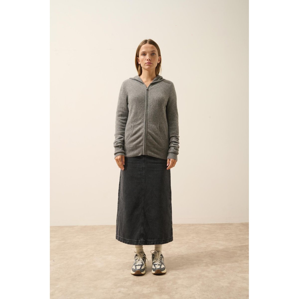 Gilet Zippé Capuche Flanelle Chiné Debbie gris chiné, JUST CASHMERE