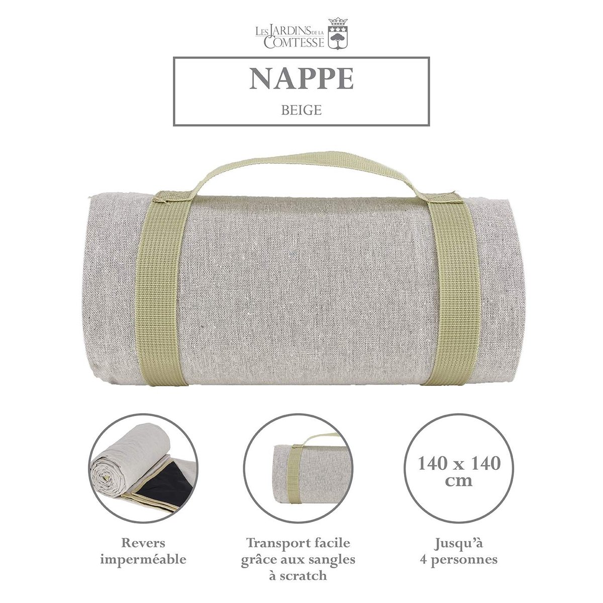 Nappe pique-nique à revers imperméable beige, LES JARDINS DE LA COMTESSE
