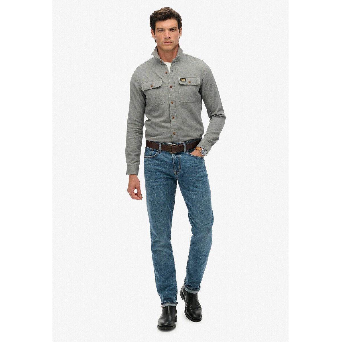 Chemise unie en flanelle gris bleu, SUPERDRY