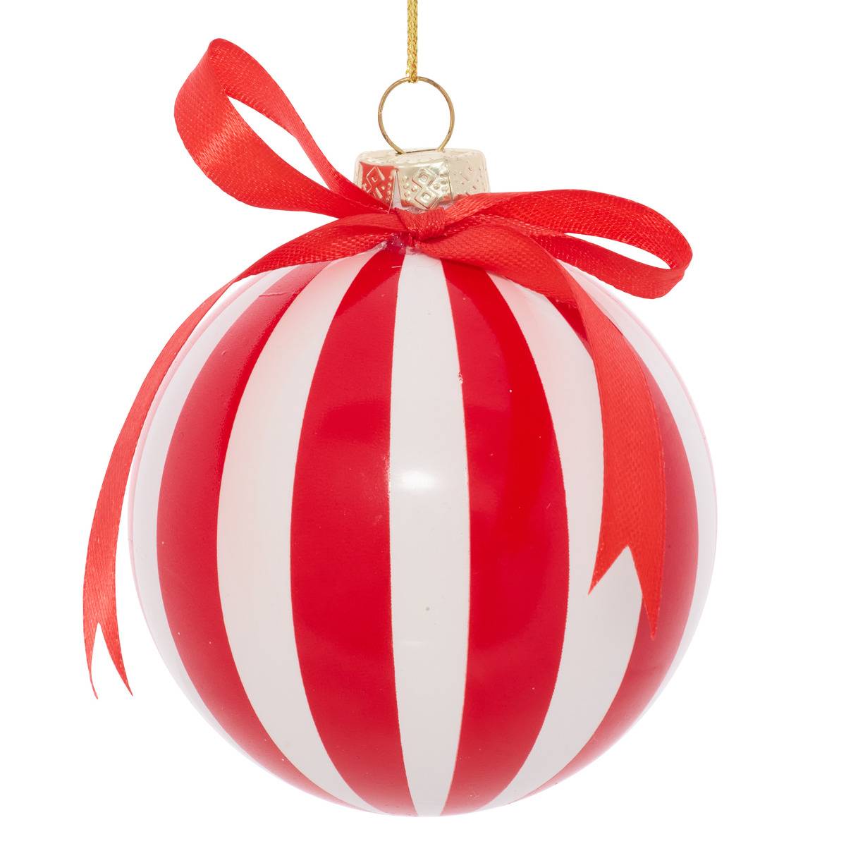 Boule de Noël motif nœud en verre rayée rouge et blanc D. 80 mm rouge, FEERIC LIGHTS & CHRISTMAS