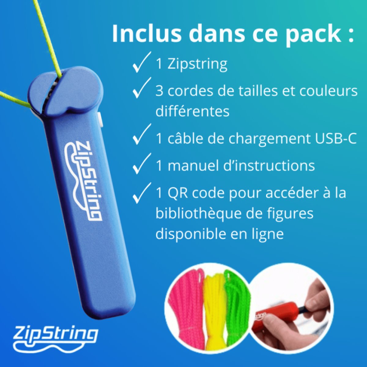 ZipString - Pack complet zipstring bleu + 3 cordes (verte/jaune/rose), PIOUPIOU ET MERVEILLES