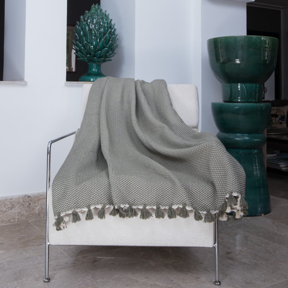 Plaid coton VERBIER vert olive, FEBRONIE