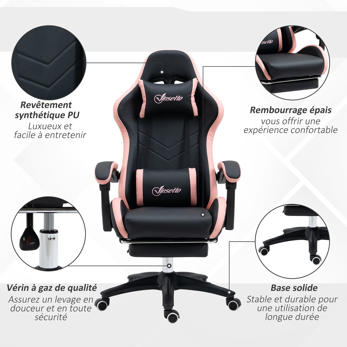 Fauteuil gaming Polyuréthane Rose rose, noir, HOMCOM