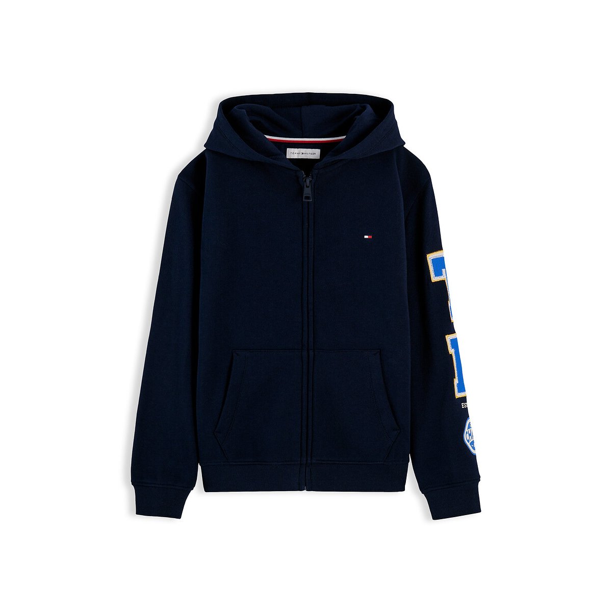 Felpa con cappuccio e cerniera, con scritta su una manica blu marino, TOMMY HILFIGER