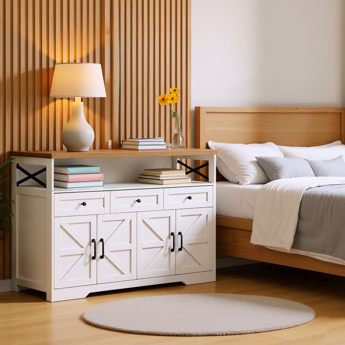 Armoire de rangement avec 4 portes 3 tiroirs et 3 couches, ALBINA Armoire blanc et noyer, MEUBLES COSY