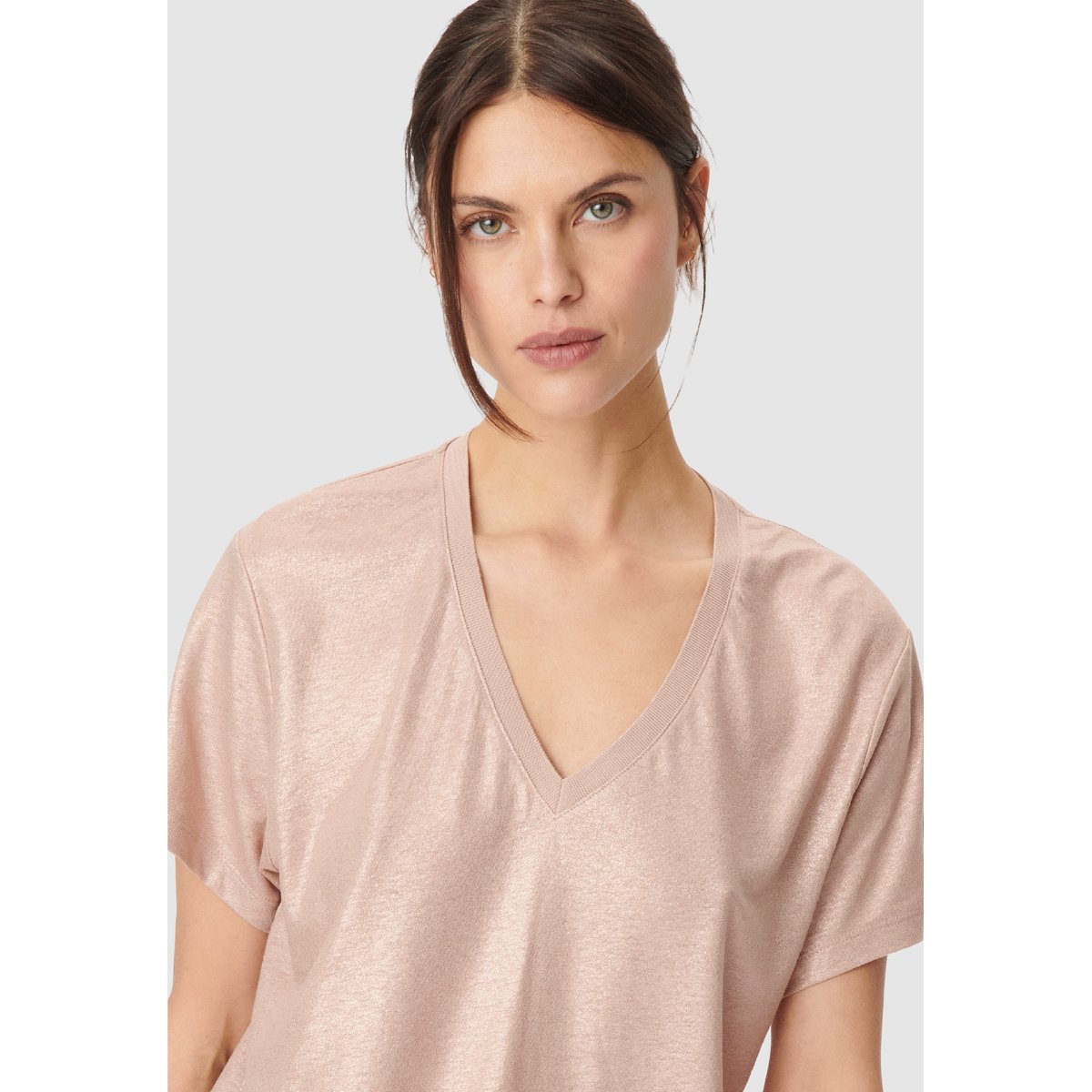 Tee-shirt col V en lin foil rose pâle, IKKS