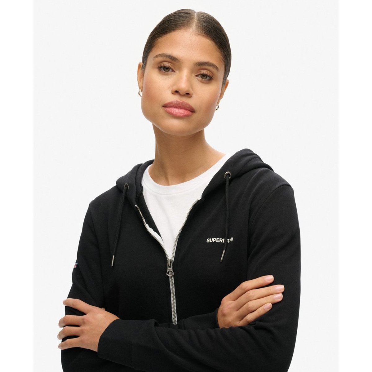 Sweat à capuche zippé uni noir, SUPERDRY