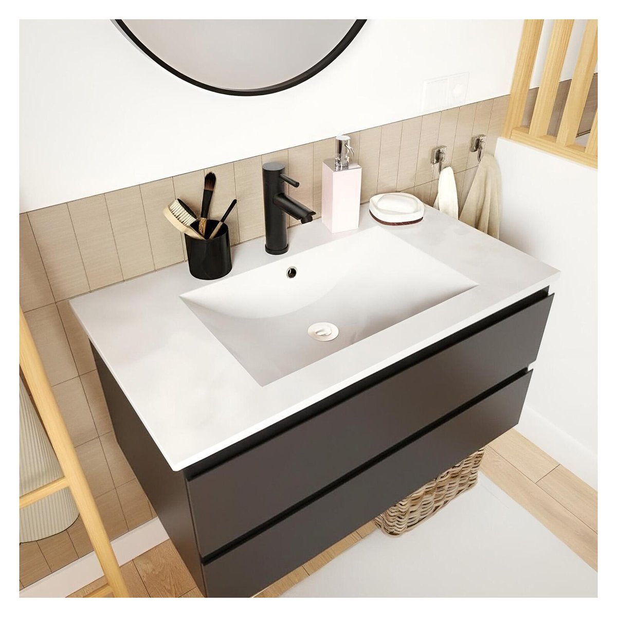 Meuble simple vasque 80cm décor chêne avec robinet et miroir SORRENTO noir satiné, MOB IN