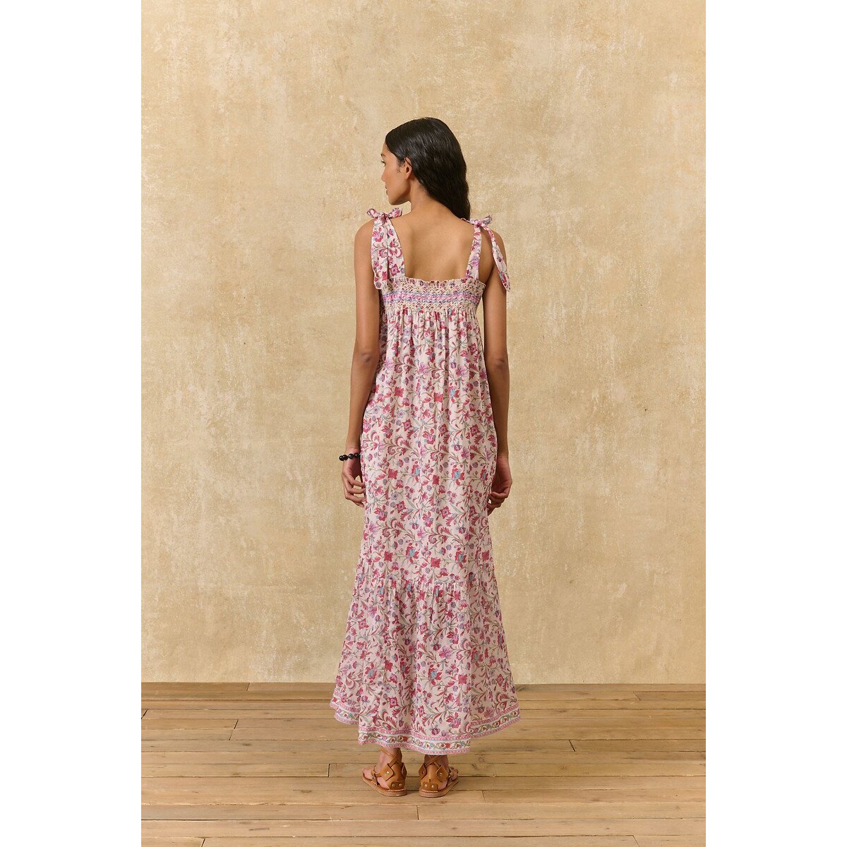 Robe longue fleurie à bretelles nouées, MARCELETTE imprimé rose, LOUISE MISHA