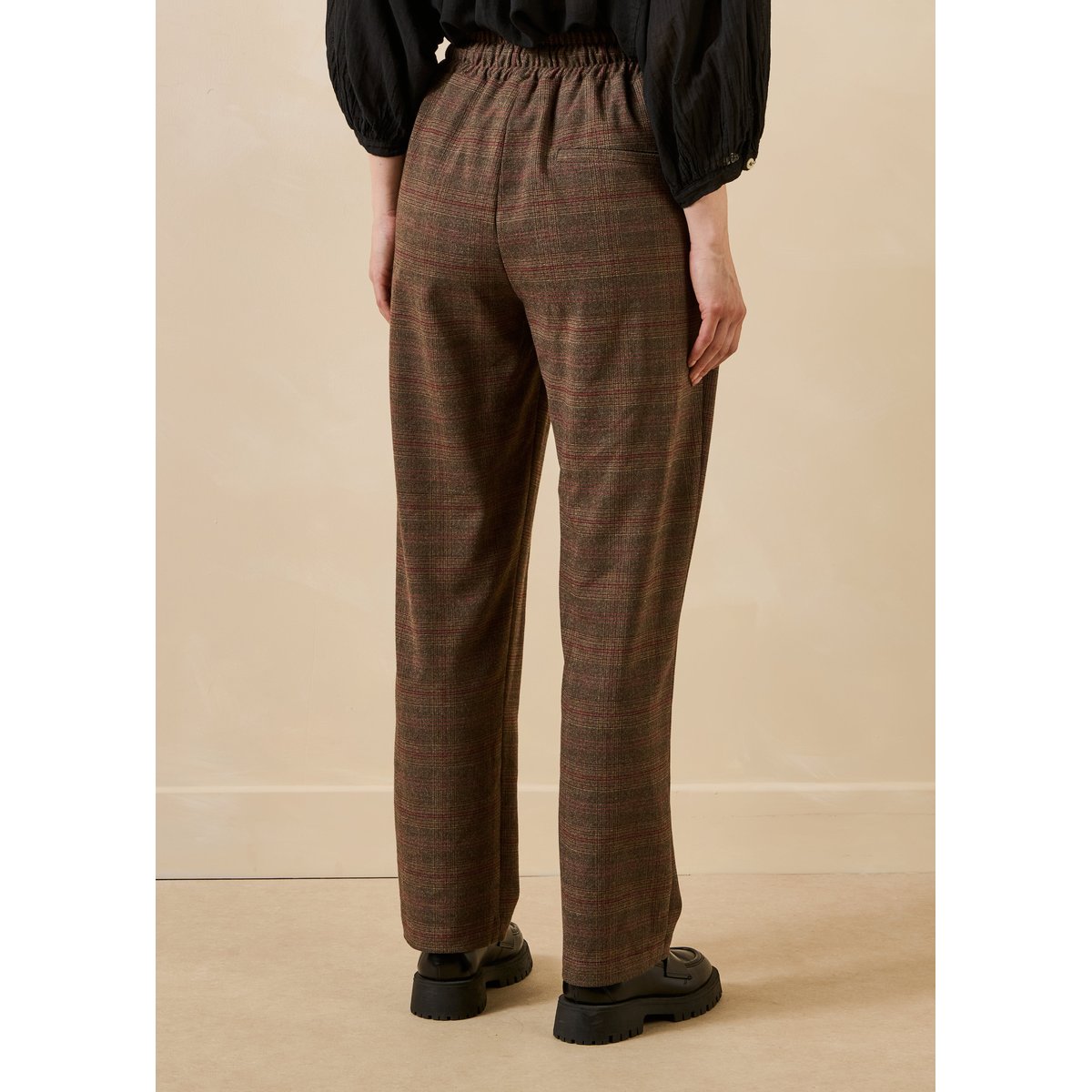Pantalon carotte à carreaux taille élastique rouille, LA FEE MARABOUTEE