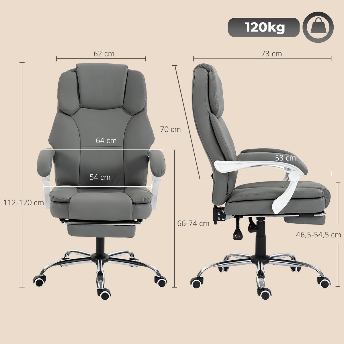 Chaise de bureau Cuir synthétique adapté aux gris, HOMCOM