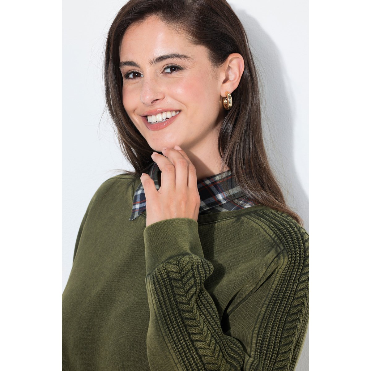 Sweat-shirt, empiècements en maille côtelé gris olive, ULLA POPKEN