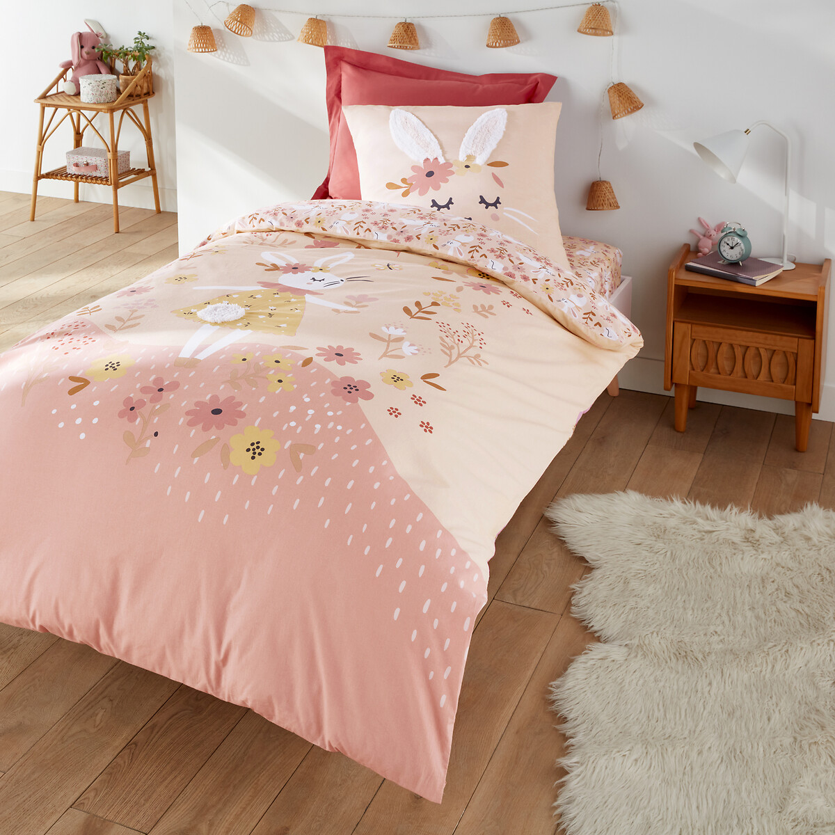 Taie d'oreiller coton biologique, Lapin fleuri imprimé rose, LA REDOUTE INTERIEURS