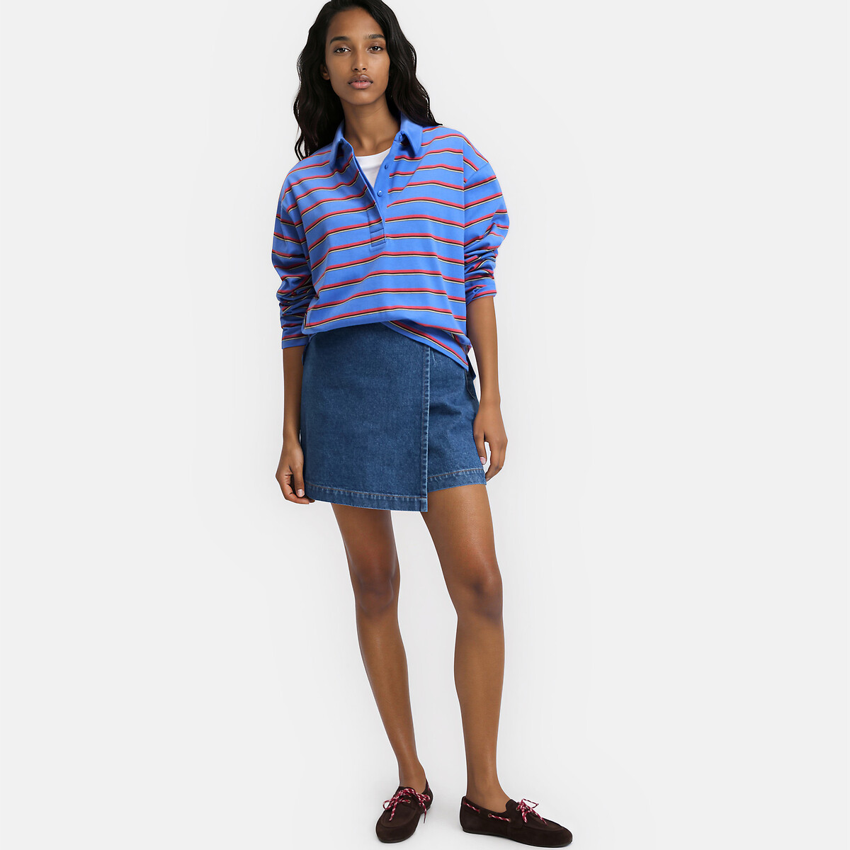 Gestreept T-shirt met polokraag, lange mouwen gestreept bordeaux/blauw, LA REDOUTE COLLECTIONS