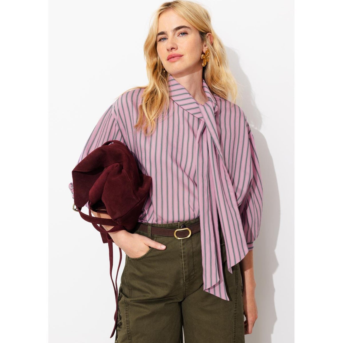 Chemise rayée à noeud rayé rose, PROMOD
