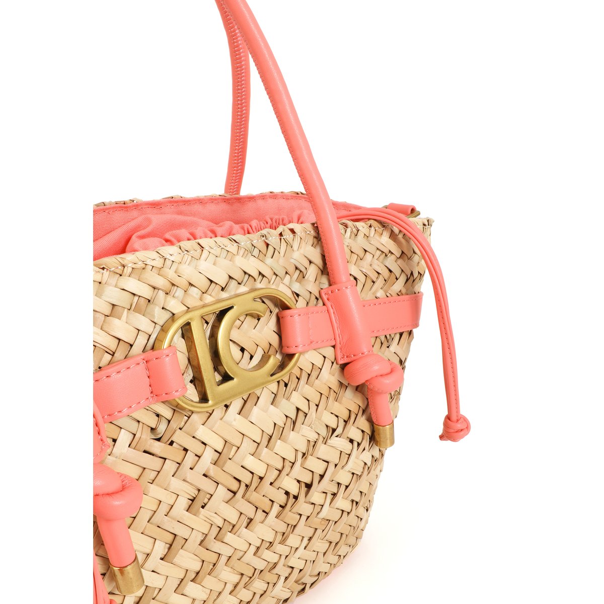 Mini panier tressé avec poignées et détails effet cuir rose, LOLA CASADEMUNT
