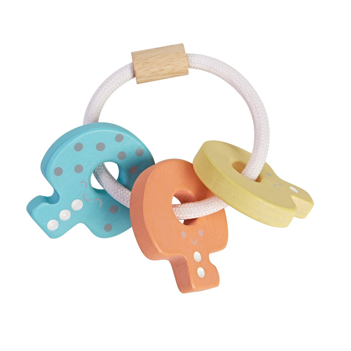 Hochet en bois clés pastel bleu, jaune, corail, PLAN TOYS