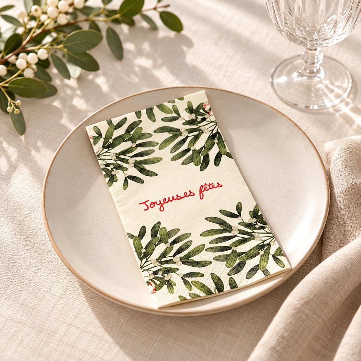 Lot de 15 serviettes en papier motif gui "Joyeuses fêtes" vert, OPJET