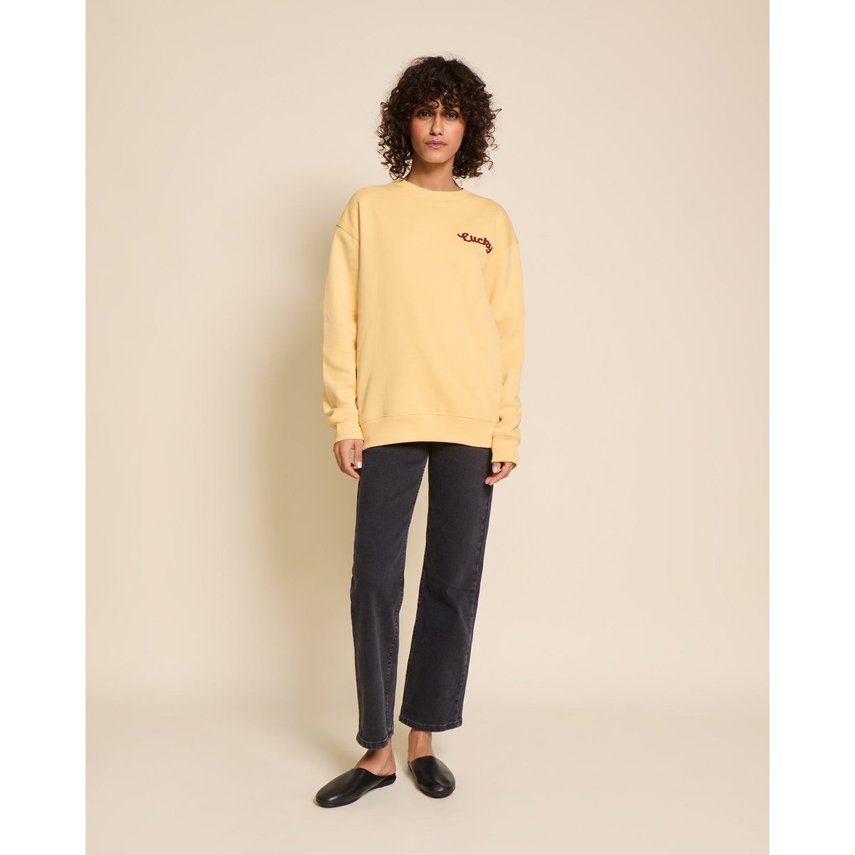 Sweat dos brodé en coton bio, LUCKY jaune - maïs, EMOI EMOI