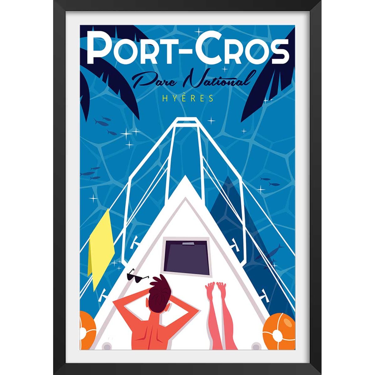 Poster de bronzette à port cros affiche + cadre en bois - noir, HEXOA