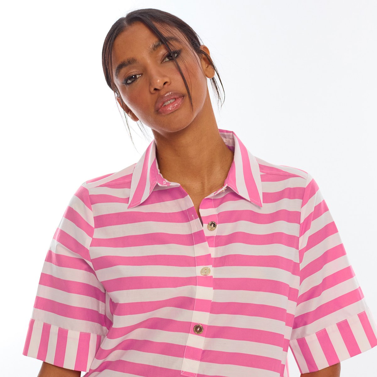 Robe chemise courte à rayures avec poches latérales rose, LOLA CASADEMUNT