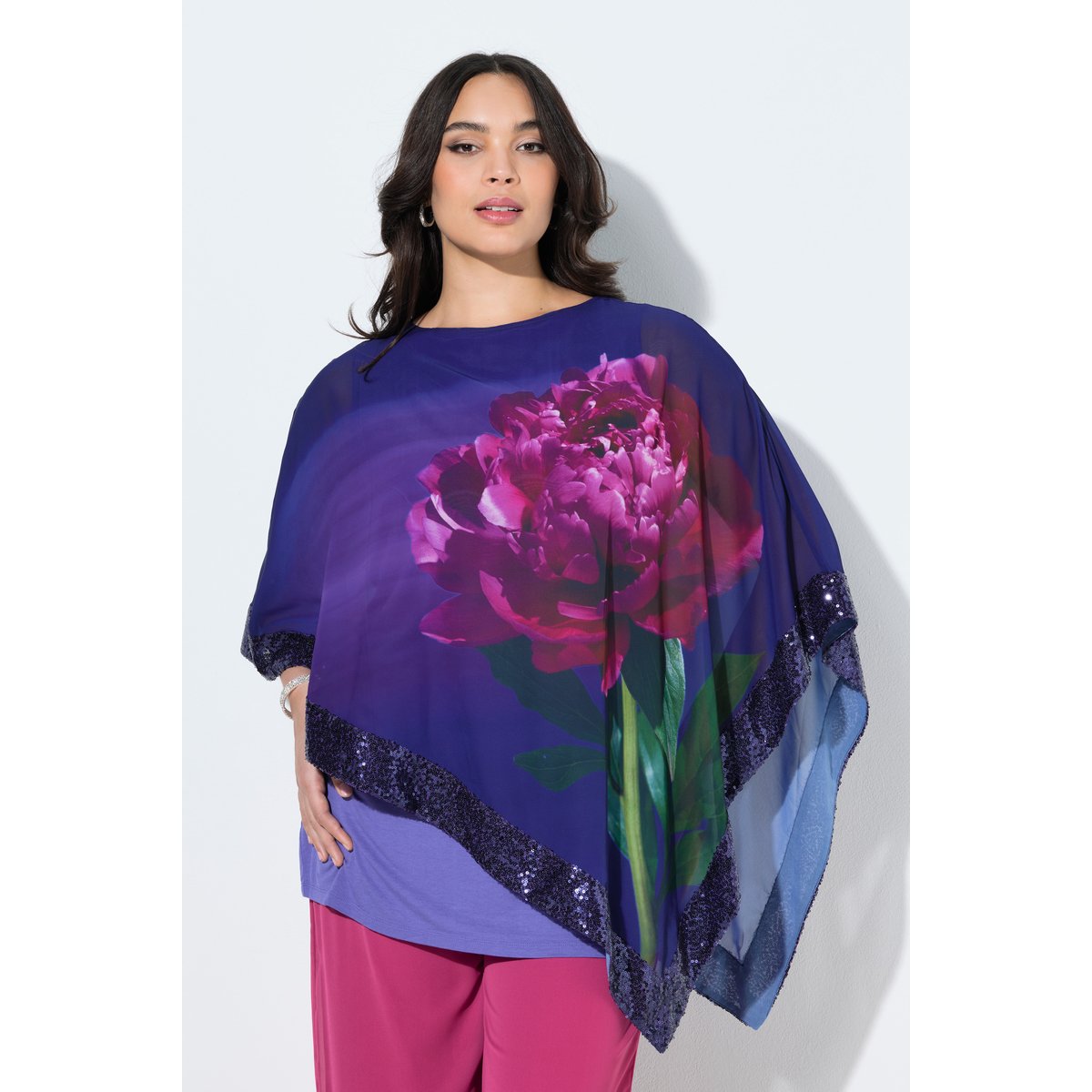 Blouse avec voile en mousseline à fleurs violet, ULLA POPKEN