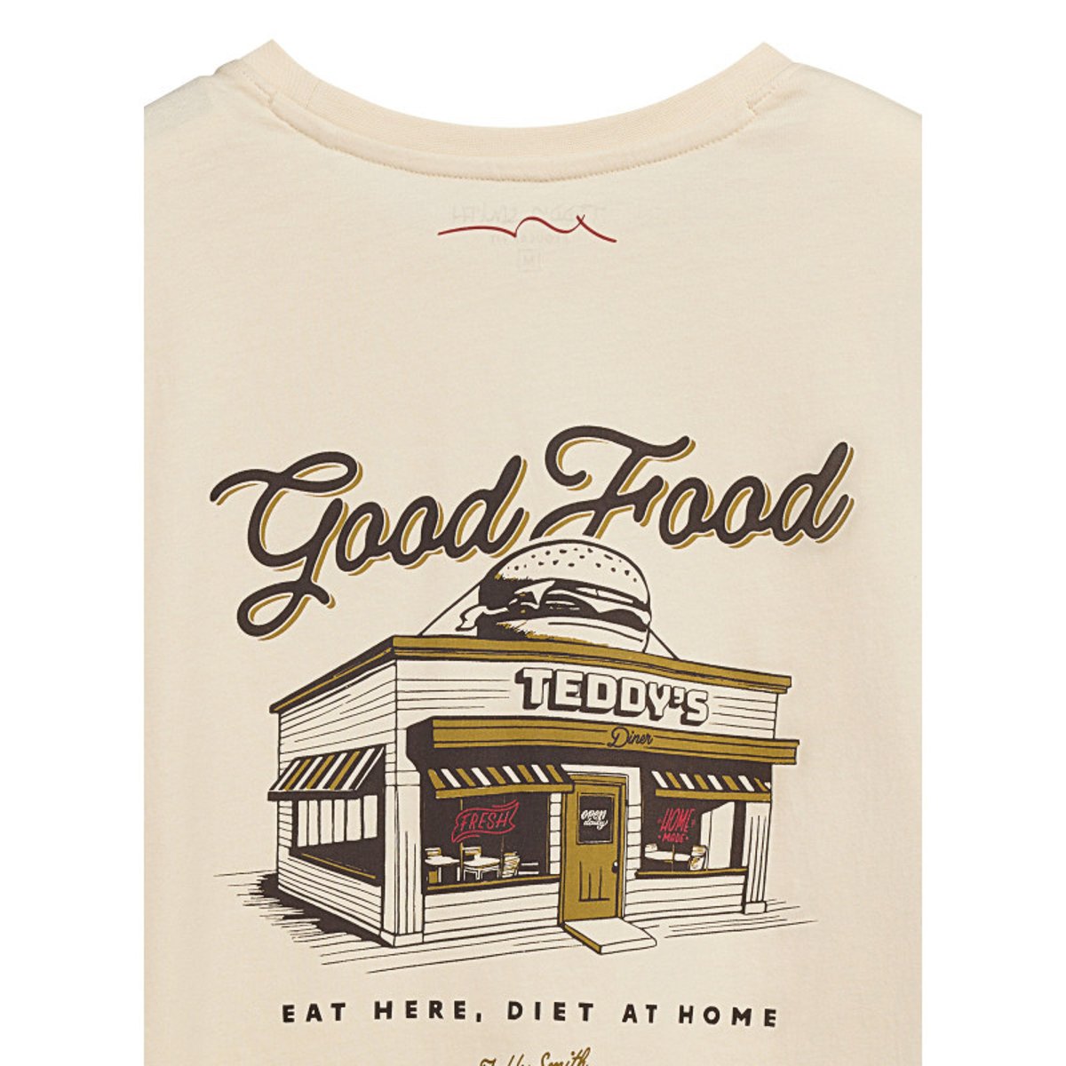 T-shirt en coton beige imprimé hamburger au dos et à la poitrine à col rond beige, TEDDY SMITH