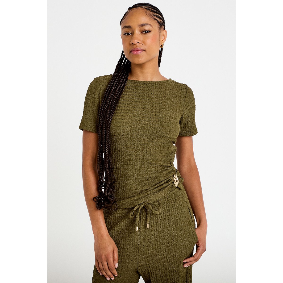 T-shirt col rond manches courtes bijou vert kaki, CACHE CACHE