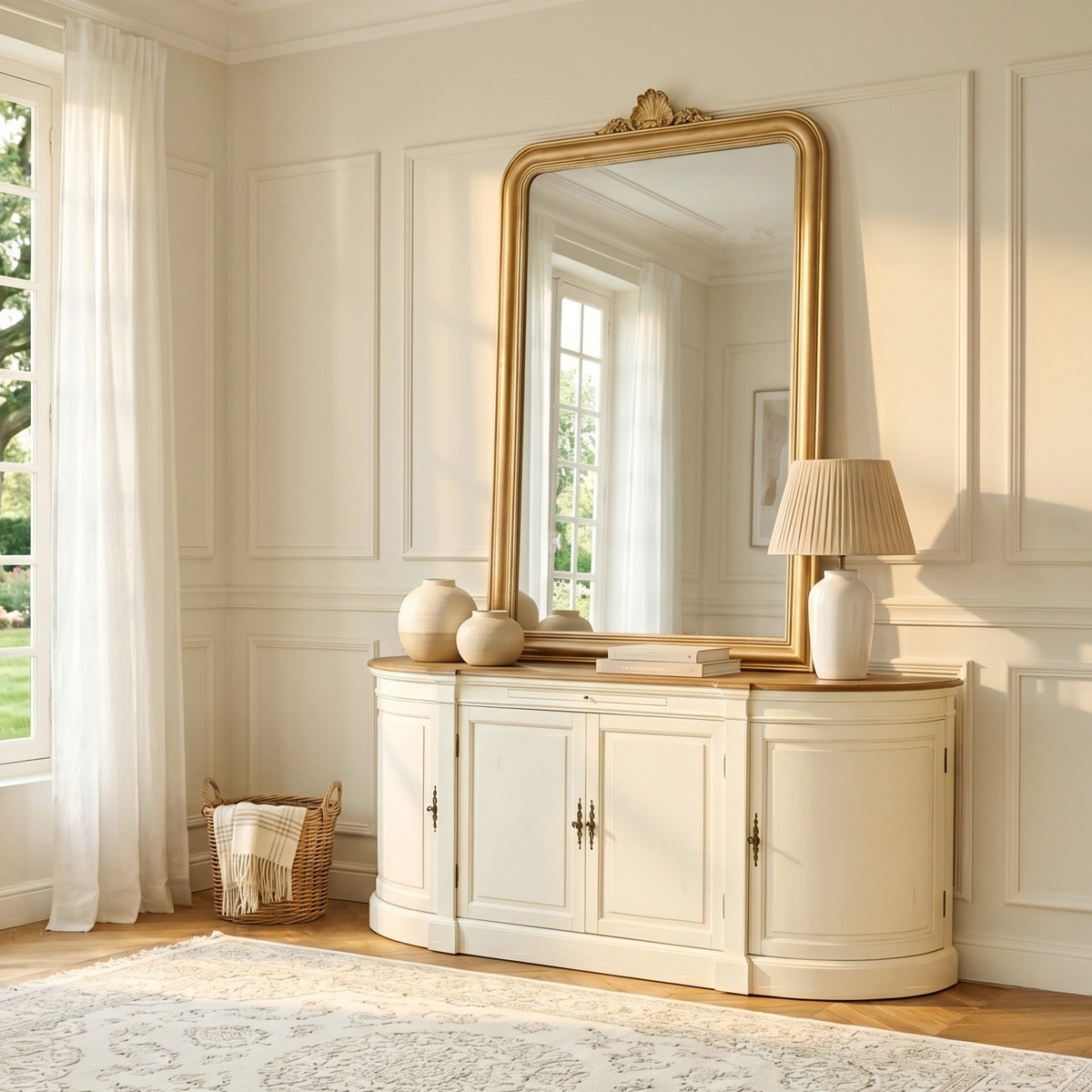 Buffet style shabby chic en bois, 4 portes JOSEPHINE blanc, ROBIN DES BOIS