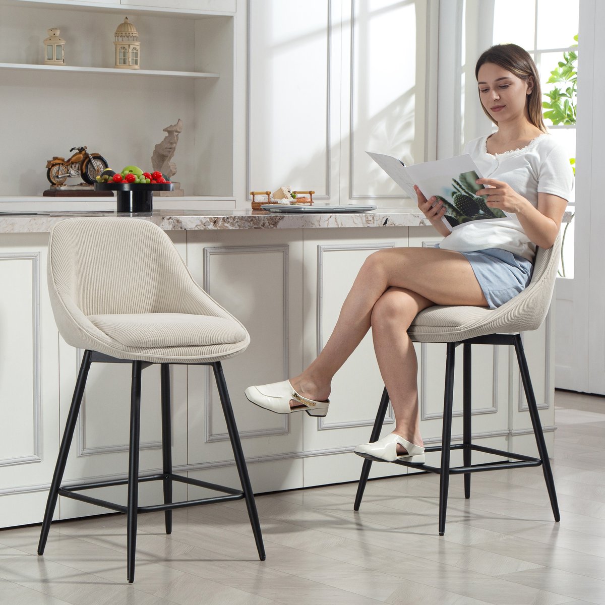 Tabouret de bar Velours côtelé Crème crème, HOMCOM