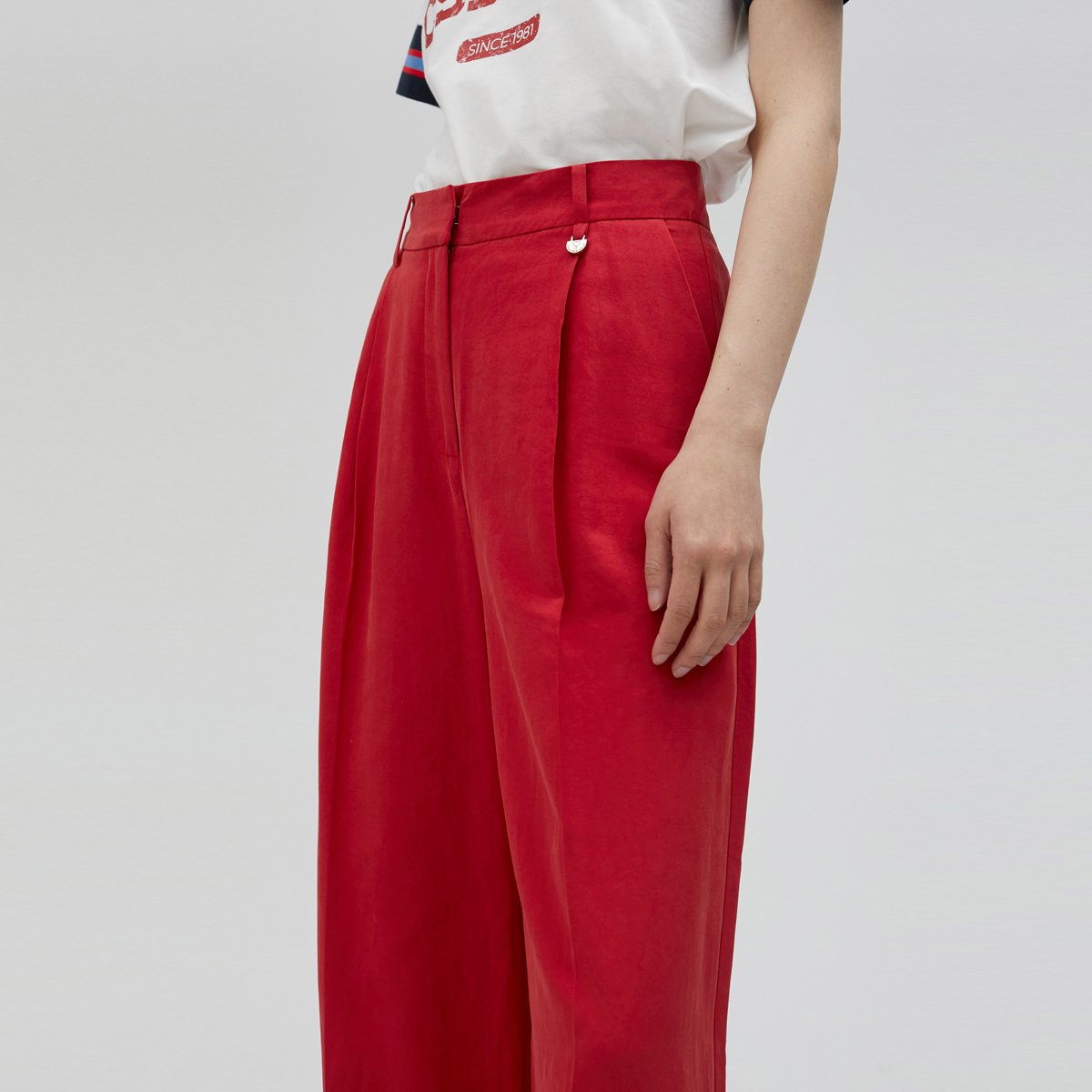 Pantalon palazzo taille haute en lin mélangé rouge foncé, LOLA CASADEMUNT