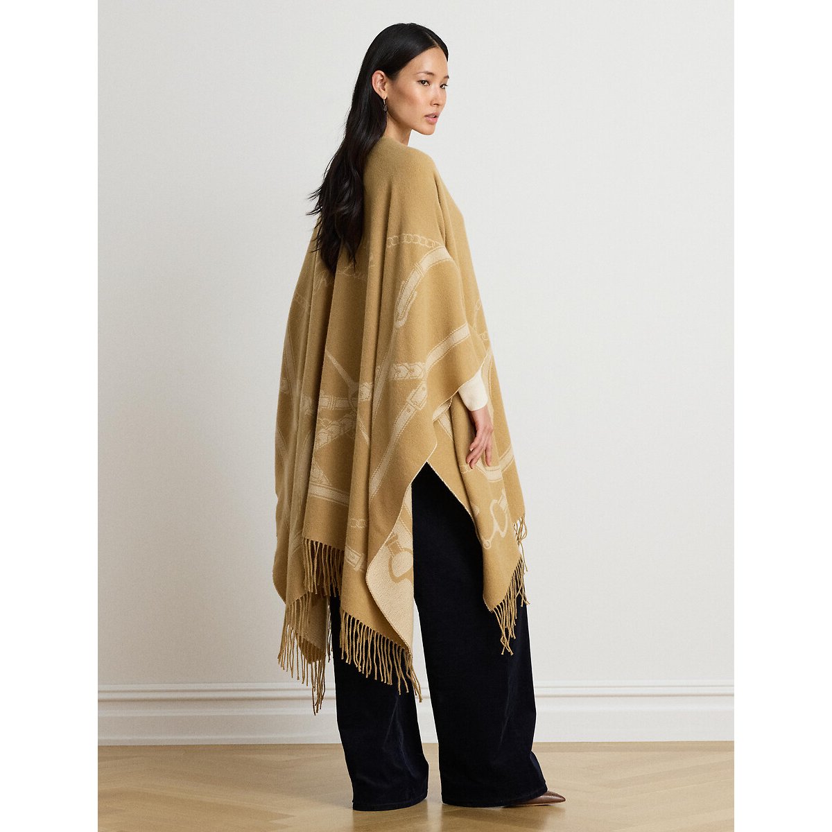 Poncho frangé, réversible, à motif équestre camel/beige, LAUREN RALPH LAUREN