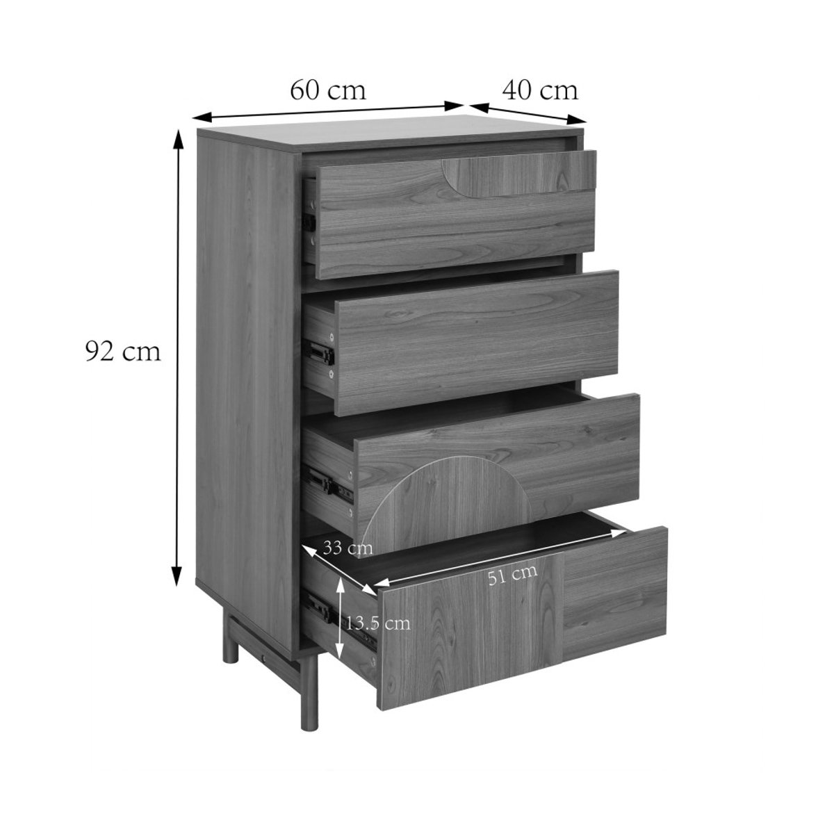 Commode 4 tiroirs en bois L60cm- ABBY bois foncé, DRAWER