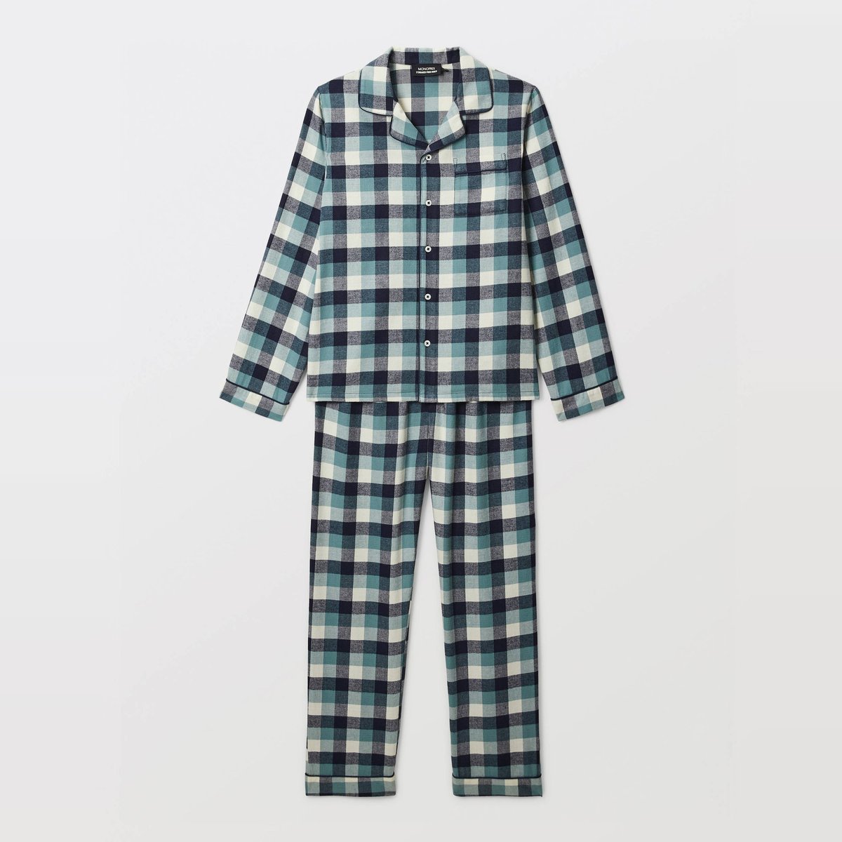 Pyjama chemise manches longues à carreaux en coton BIO GOTS marine, MONOPRIX