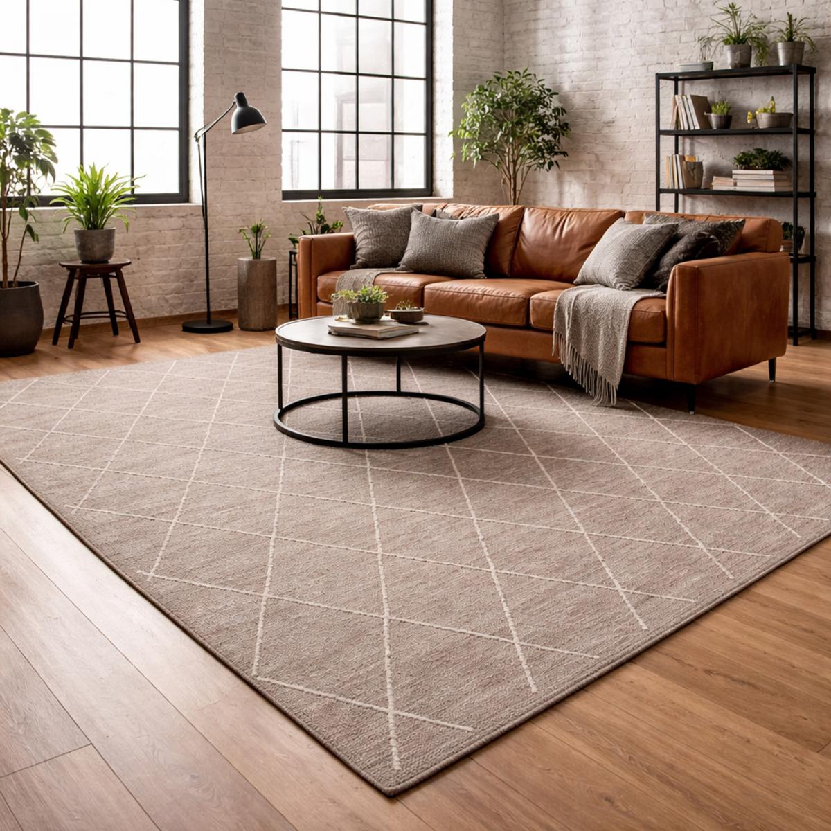 Tapis salon et chambre tissé en coton motif scandinave COTONA marron clair, UN AMOUR DE TAPIS