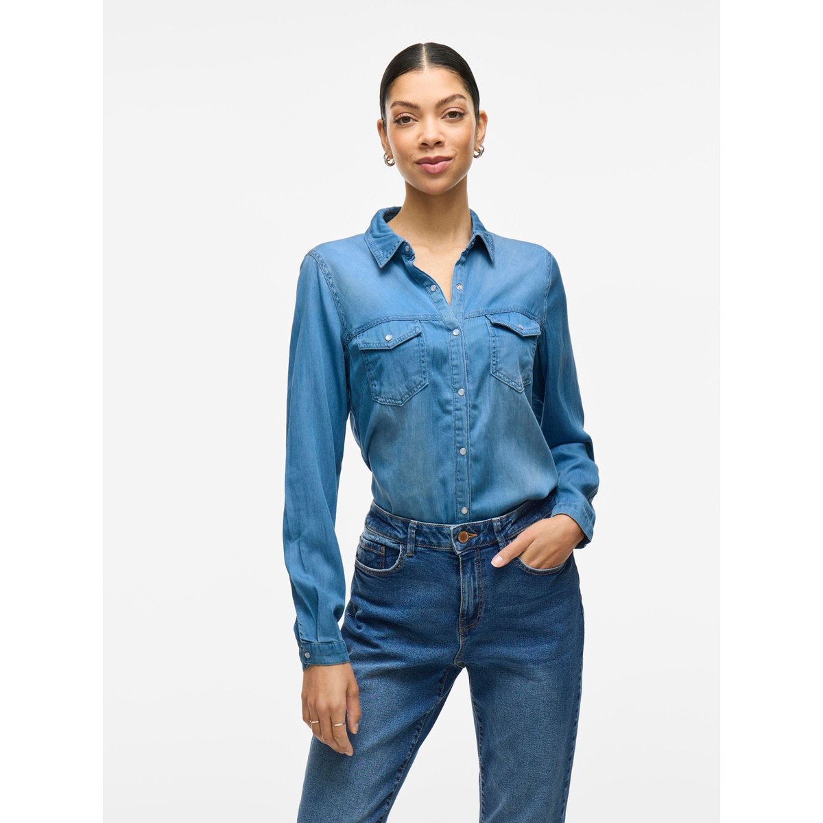 Chemise cintrée, manches longues bleu denim, VILA