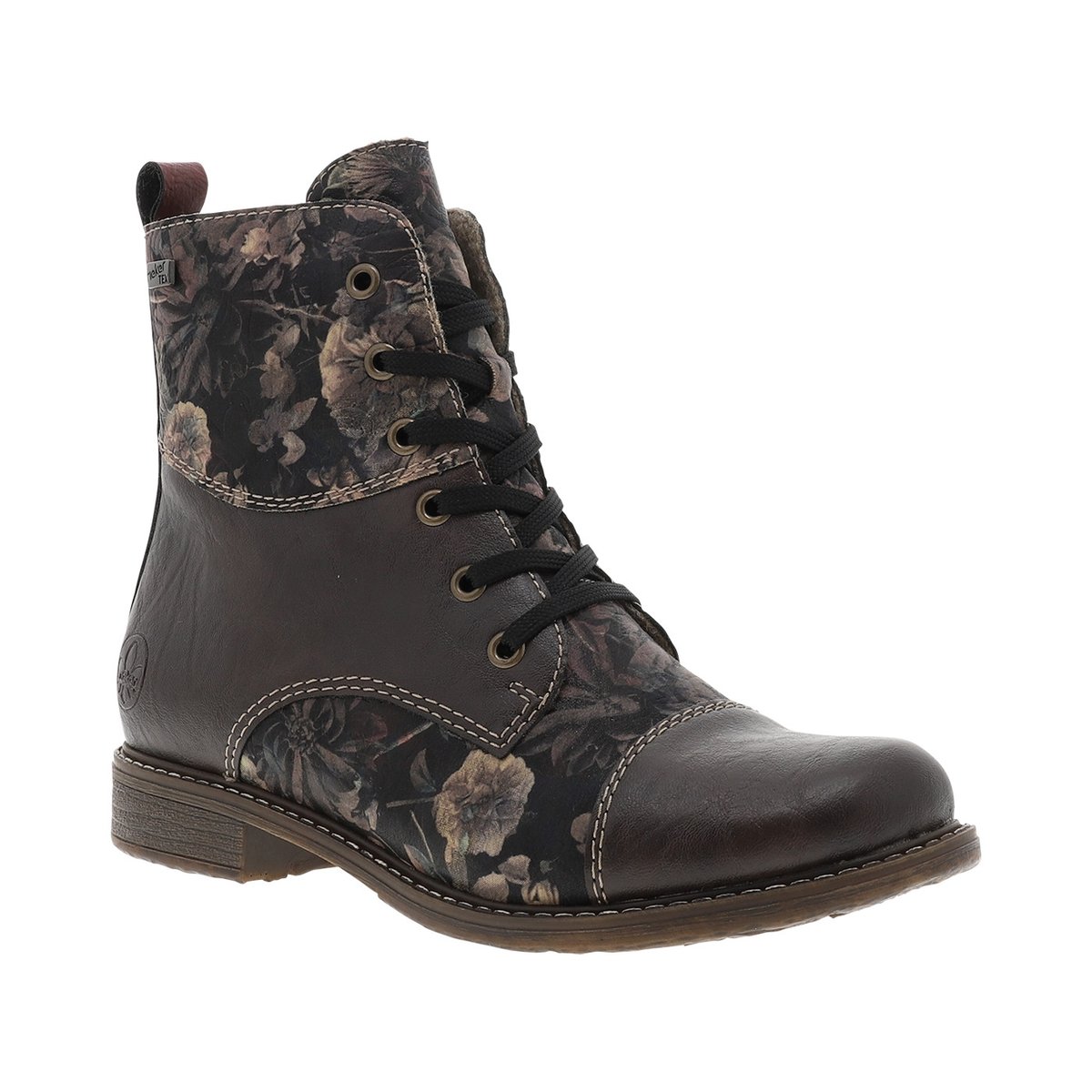 Bottines marron à talon plat ornées d'un empiècement à motif floral marron, RIEKER