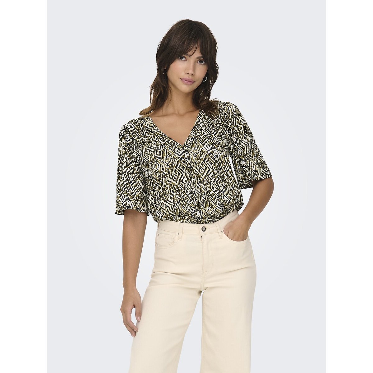 Blusa fantasia, scollo a V fantasia nero, JDY