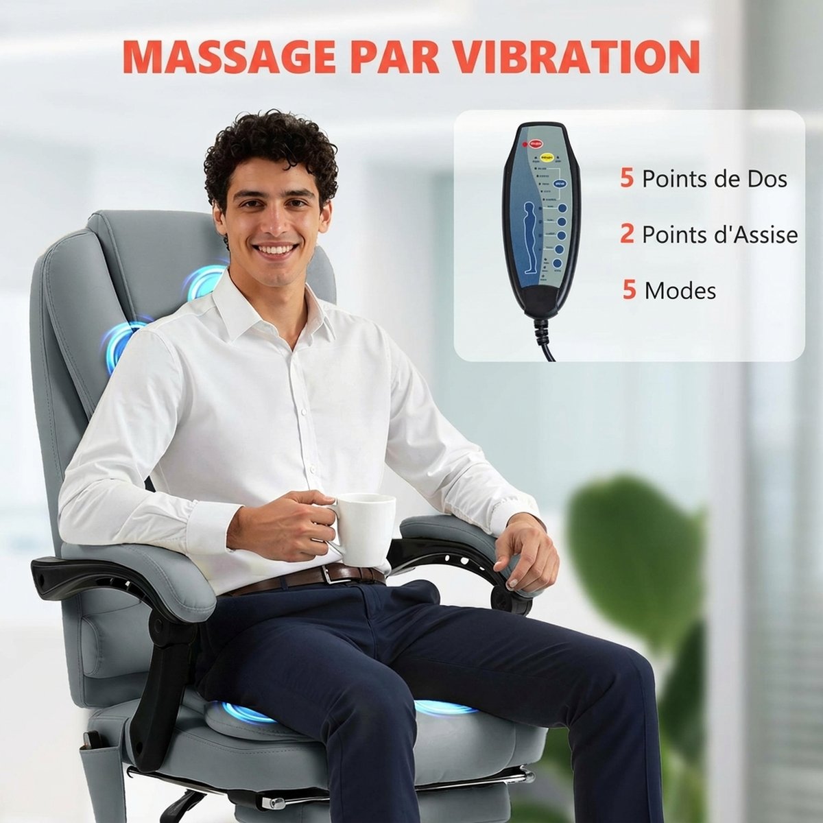 Fauteuil de bureau avec fonction massage gris, HOMCOM