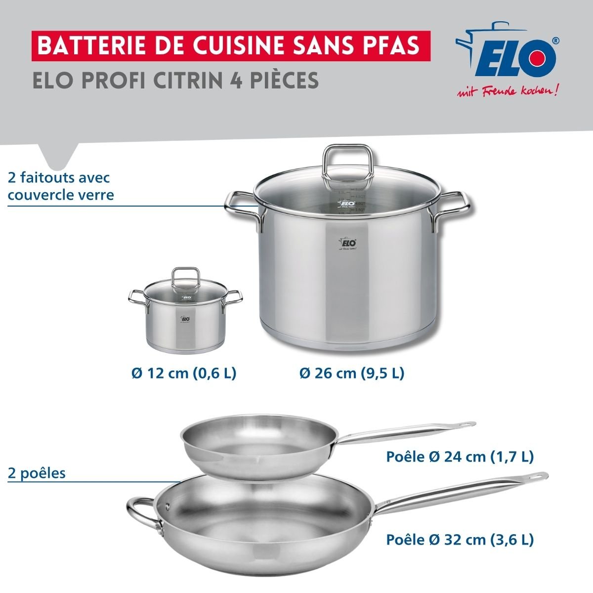 Batterie 2 poêles 24/32cm + 2 faitouts 12/26cm PROFI CITRIN gris, ELO