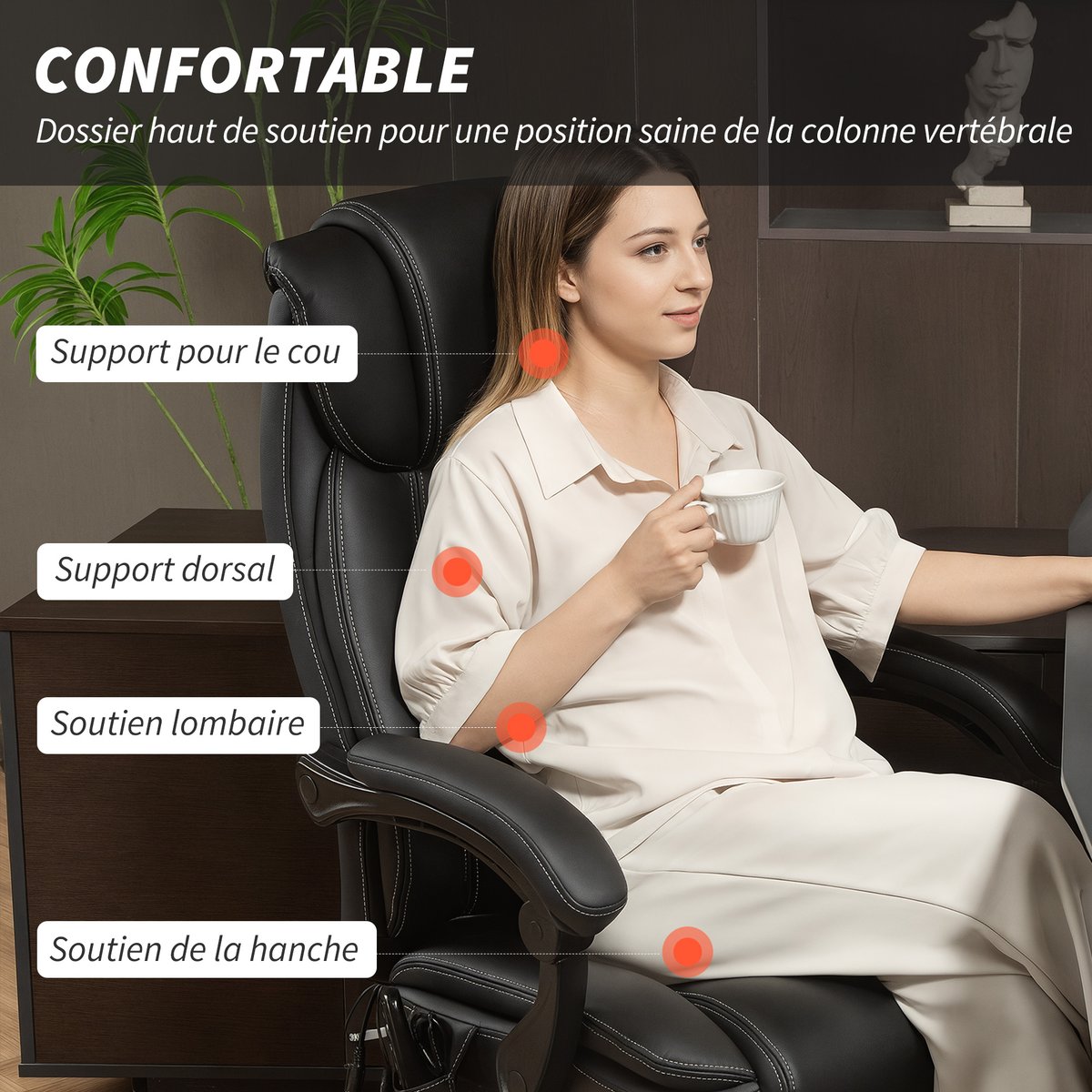 Fauteuil de bureau avec fonction massage noir, HOMCOM