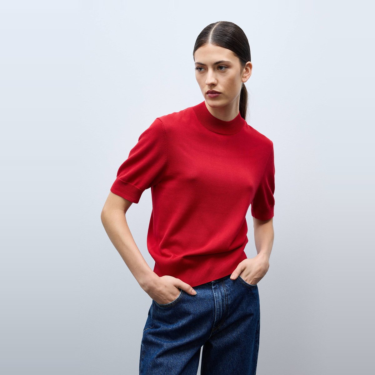 Pull à col montant en fine maille goyave, MONOPRIX