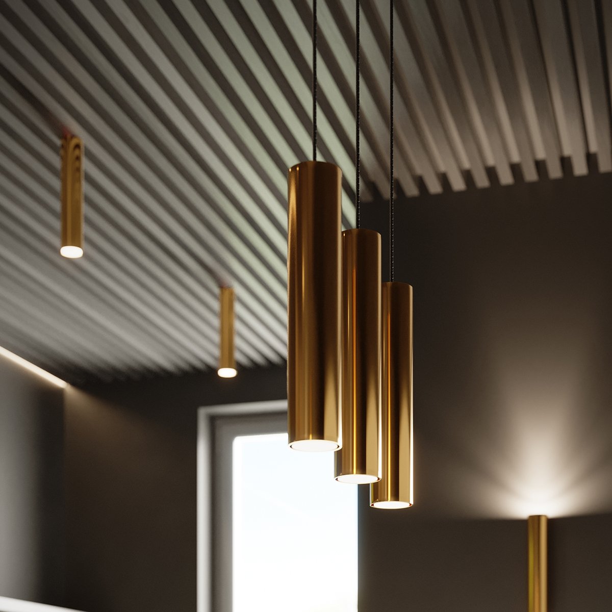 Suspension Acier Éclat Doré GU10 3 Lagos jaune, EDEN